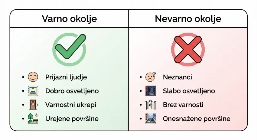 Infografika primerjave varnega in nevarnega okolja za vadbo doma
