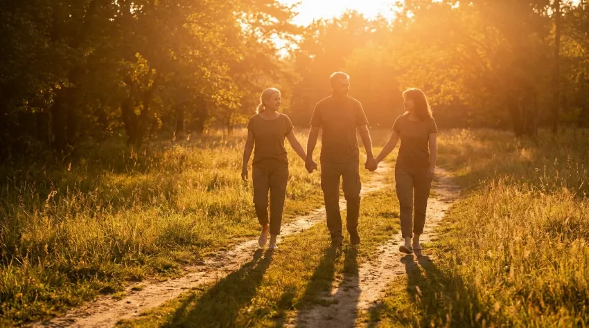 Par se sprehaja v naravi ob sončnem zahodu