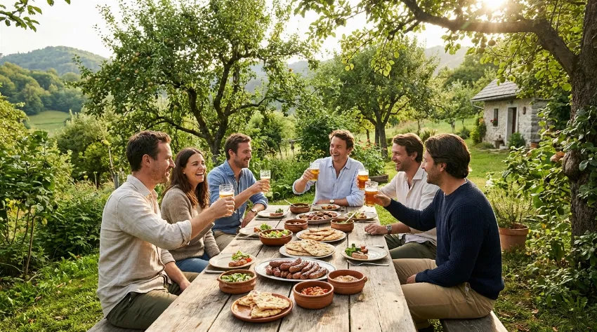Druženje s prijatelji ob hrani in pijači na vrtu