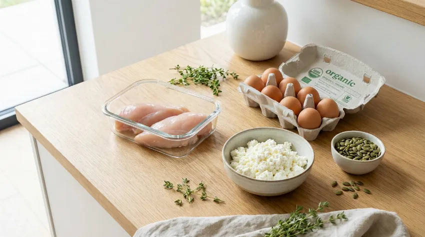 Sveže sestavine bogate z beljakovinami: piščanec, jajca, skuta in semena