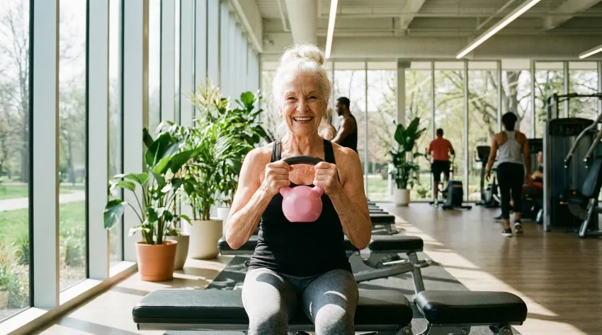 Vitalna 80-letnica v fitnesu z utežjo