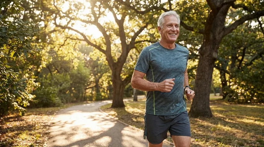 Vitalen starejši moški teče v naravi