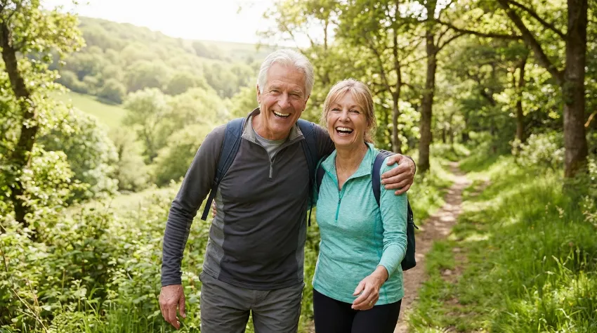 Vitalen starejši par uživa v pohodništvu v naravi