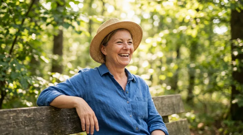 Nasmejana vitalna ženska v naravi