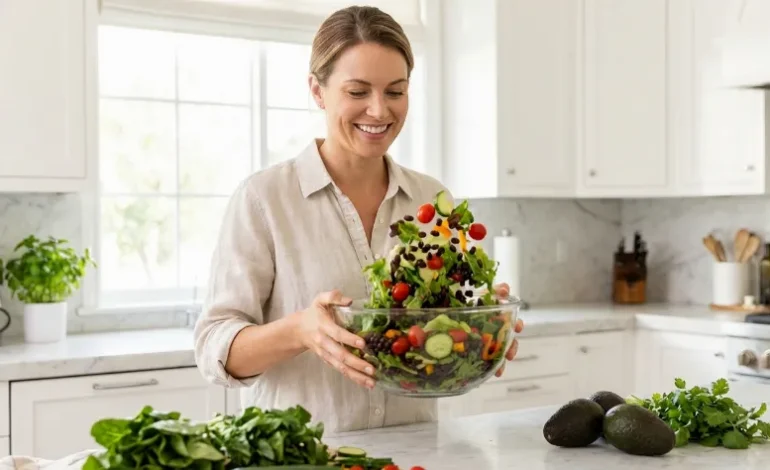Srečna ženska v kuhinji pripravlja zdravo solato z visoko vsebnostjo vlaknin
