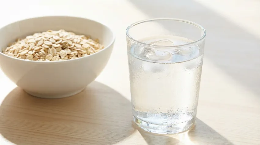 Kozarec vode ob skledi ovsenih kosmičev za hidracijo