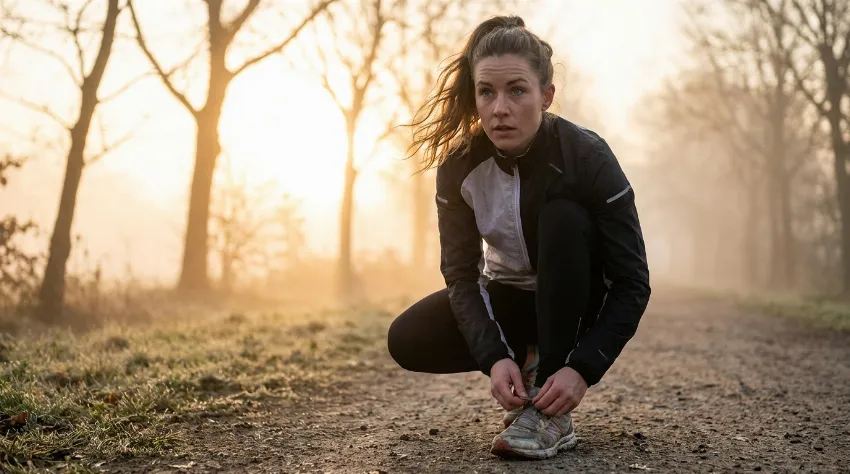 Tekačica si zavezuje copate in se pripravlja na tek po okrevanju