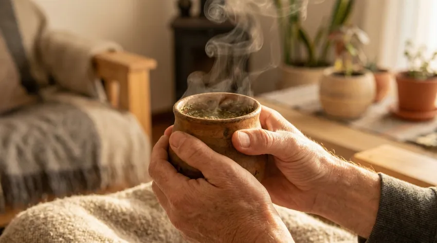 Skodelica toplega čaja Yerba Mate v rokah.