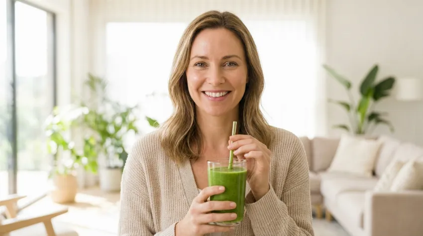 Nasmejana ženska z zelenim smutijem v roki