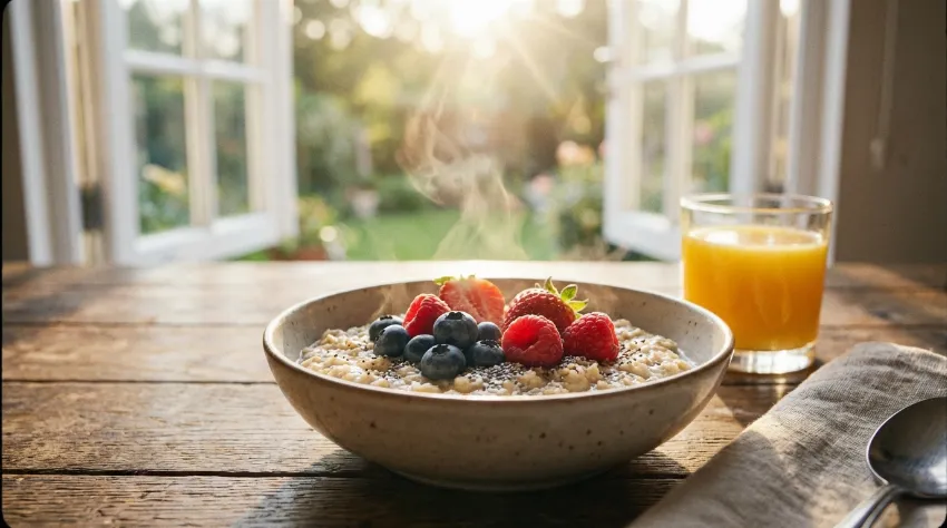 Zdrav zajtrk ob odprtem oknu z naravno svetlobo