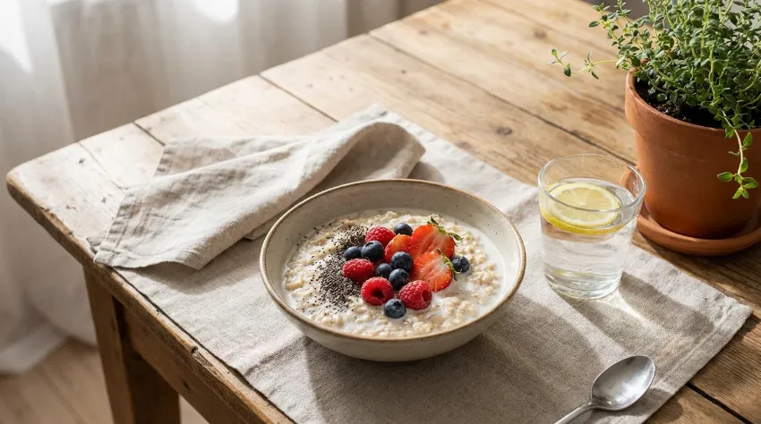 Skleda ovsenih kosmičev z jagodičevjem in vodo