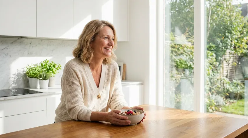 Ženska v svetli kuhinji sproščeno zajtrkuje zdravo ovseno kašo