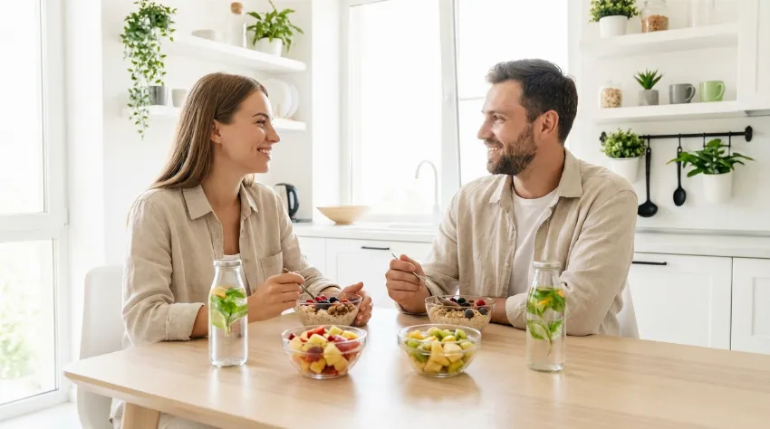 Par uživa v zdravem zajtrku v svetli kuhinji