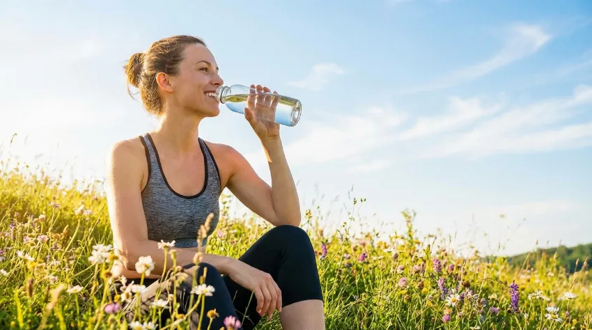 Ženska pije vodo v naravi po rekreaciji