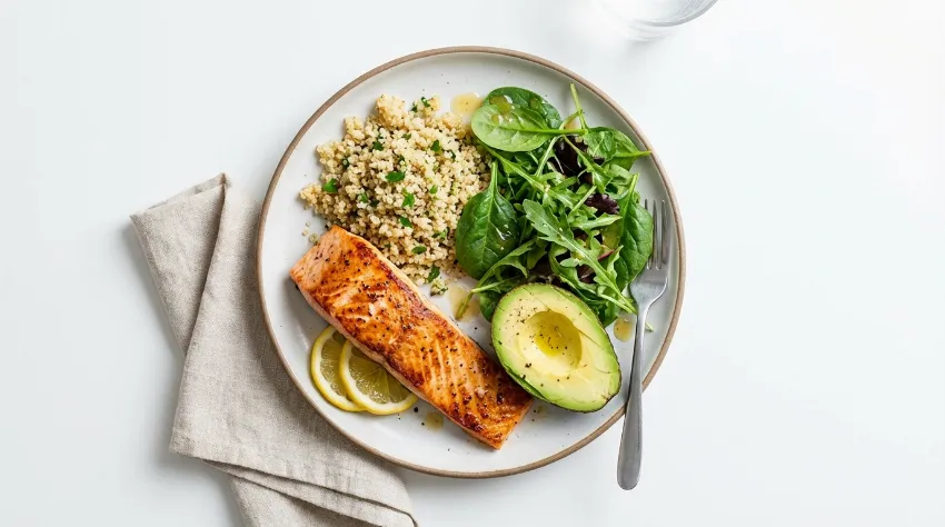 Zdrav obrok z lososom in zelenjavo na krožniku