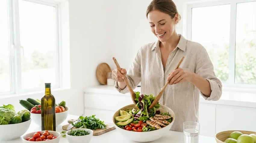 Priprava zdravega obroka v svetli kuhinji