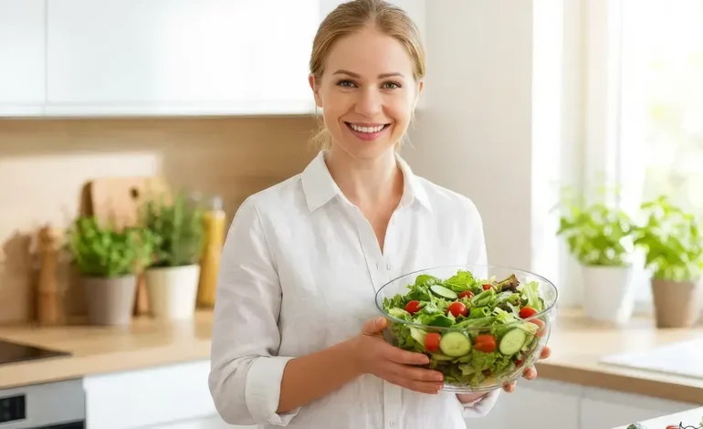 Srečna ženska v kuhinji drži skledo sveže solate