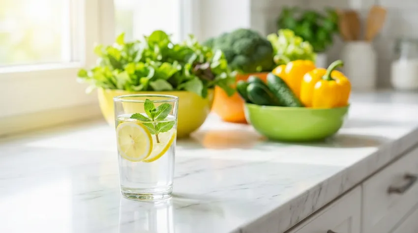 Kozarec vode z limono v svetli kuhinji
