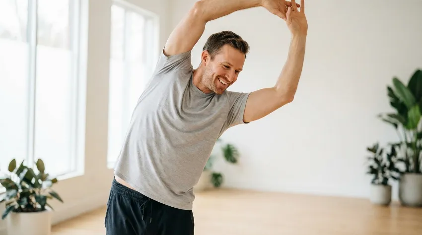 Sproščen in gibljiv moški v športnih oblačilih v svetlem prostoru