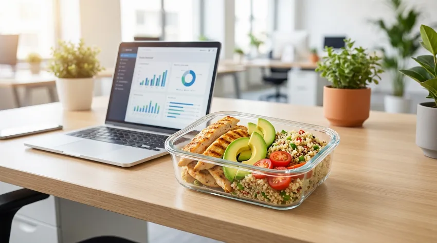 Posoda za malico s piščancem in kvinojo na pisarniški mizi