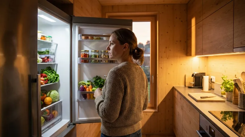 Ženska v kuhinji razmišlja kaj bi jedla za večerjo