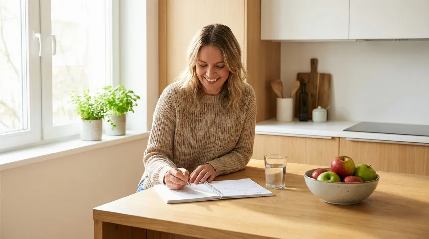 Ženska v kuhinji načrtuje jedilnik za hujšanje