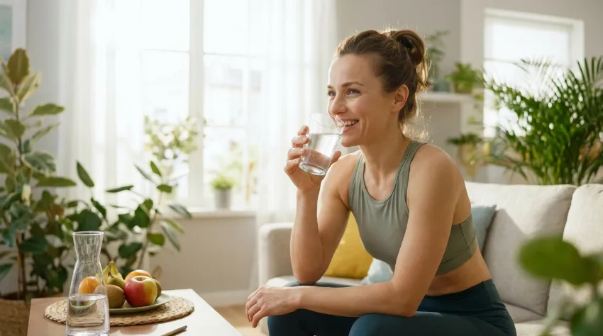 Ženska pije kozarec vode za hidracijo