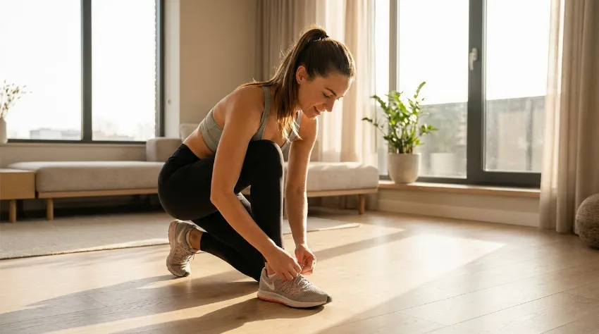 Ženska se pripravlja na rekreacijo v svetlem prostoru