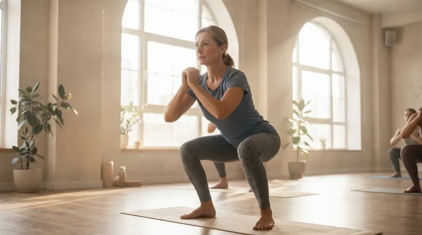 Ženska v zrelih letih izvaja počep v svetlem studiu za krepitev nog