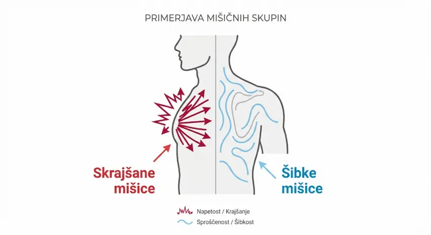Grafika skrajšanih prsnih in šibkih hrbtnih mišic