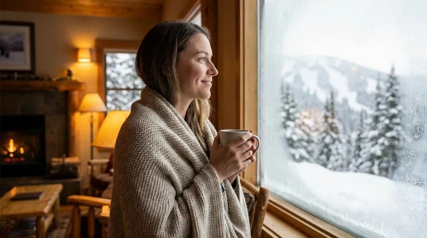 Ženska zavita v odejo gleda skozi okno v zimsko jutro