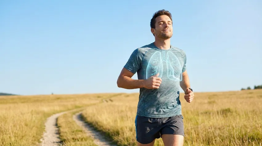 Tekač globoko diha med tekom v naravi