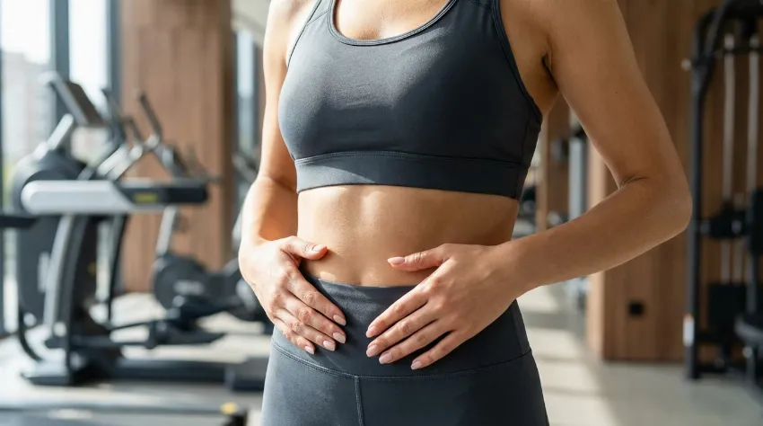 Prikaz pravilnega položaja rok na trebuhu za preverjanje aktivacije mišic