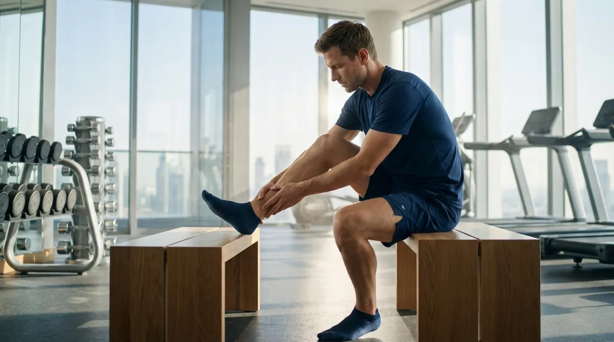 Tekač v modernem fitnesu razteguje Ahilovo tetivo, prikaz nege vezivnega tkiva.