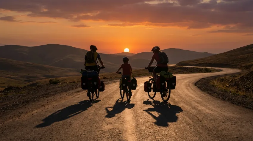 Družina kolesari ob sončnem zahodu