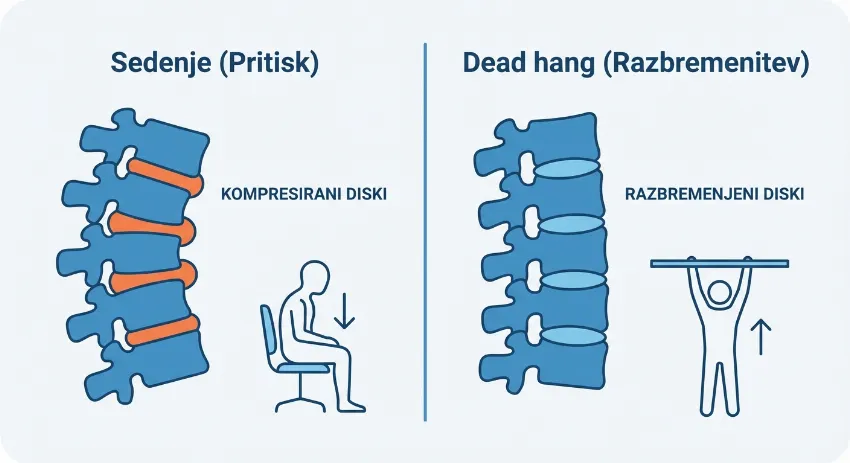 Infografika prikaza kompresije hrbtenice pri sedenju in dekompresije pri vaji dead hang