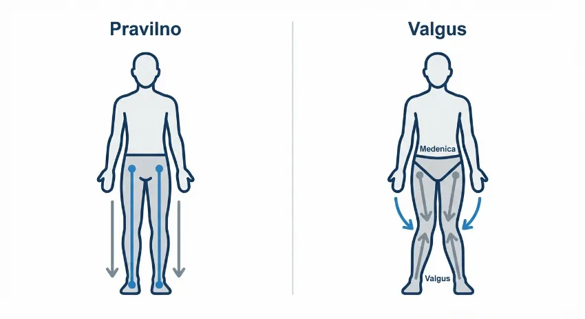 Grafični prikaz pravilne osi noge in valgusa kolena