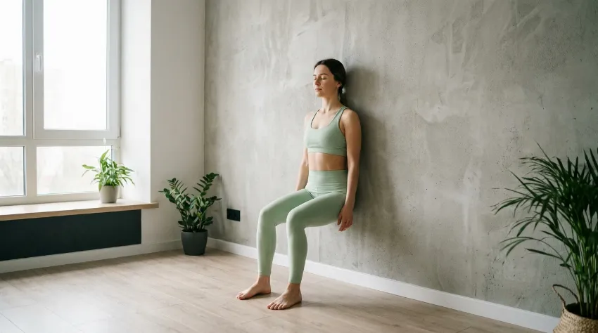 Ženska izvaja izometrično vajo ob steni