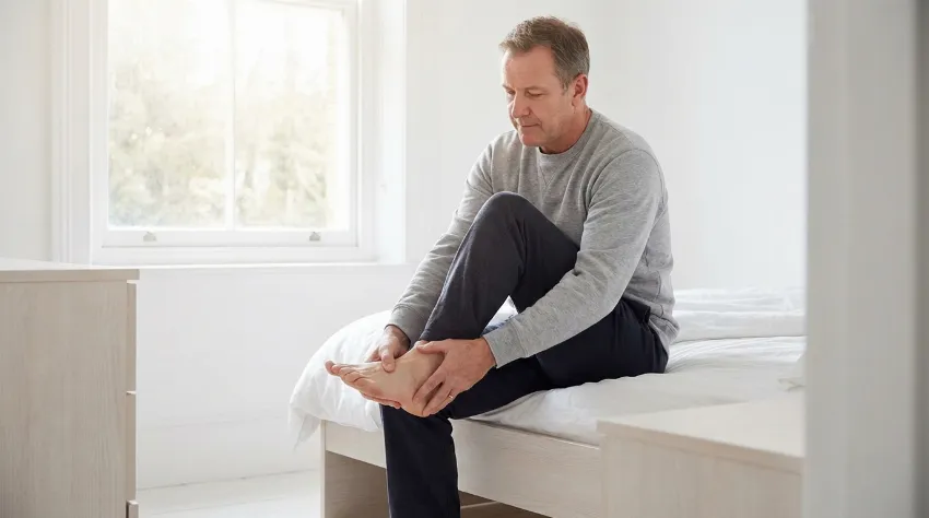 Moški preverja gibljivost gležnja zjutraj na postelji