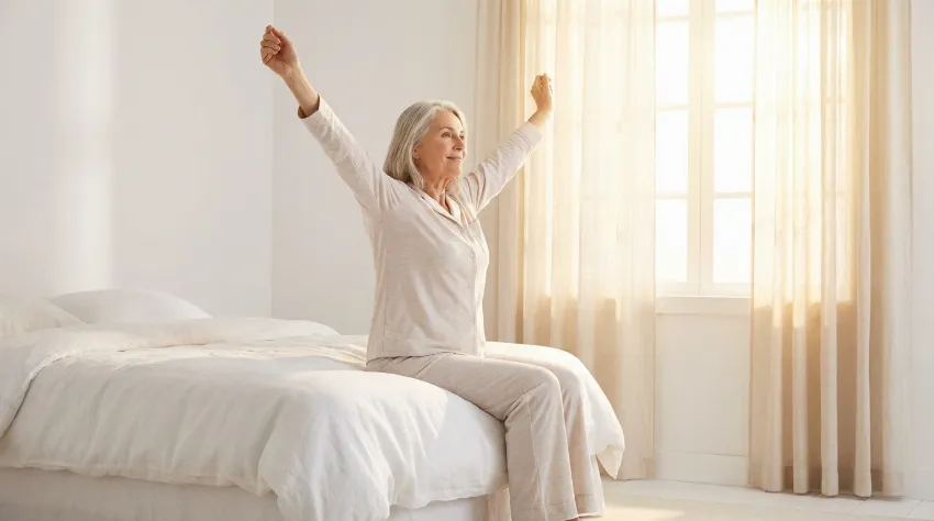 Starejša gospa se zjutraj preteguje na postelji