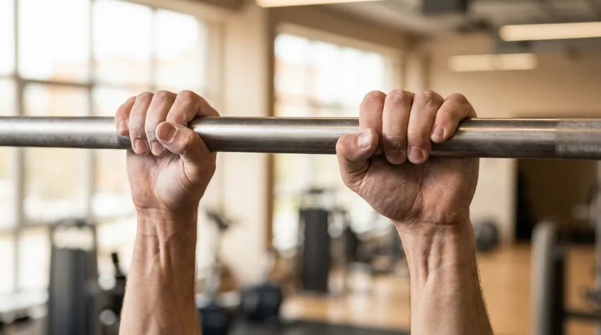 Prikaz močnega oprijema rok na drogu za dvigovanje