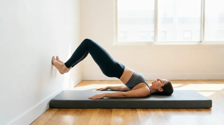 Izvajanje vaje most na steni na podlogi za pilates