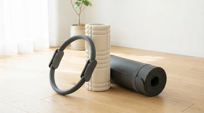 Pilates pripomočki: obroč, valj in podloga na tleh