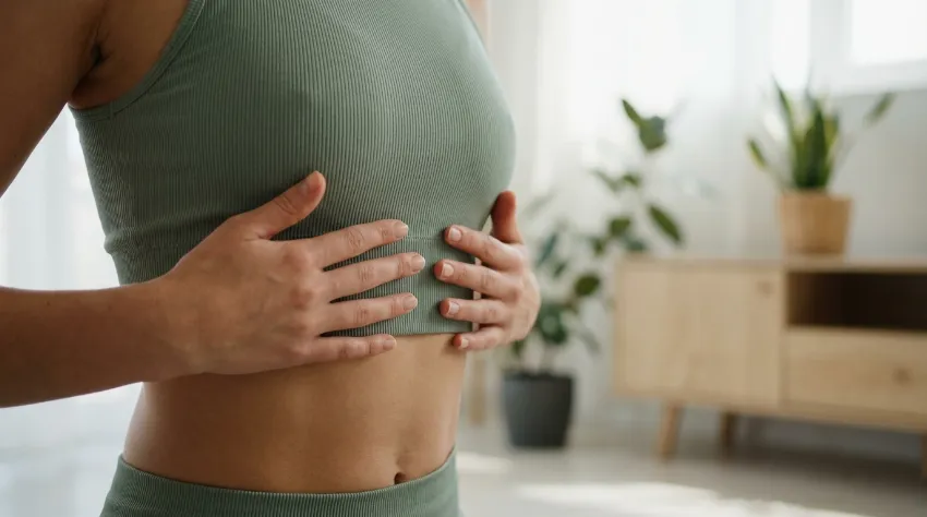 Ženska izvaja dihalne vaje kot pripravo na pilates