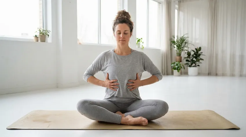 Ženska izvaja dihalne vaje z rokami na rebrnem loku