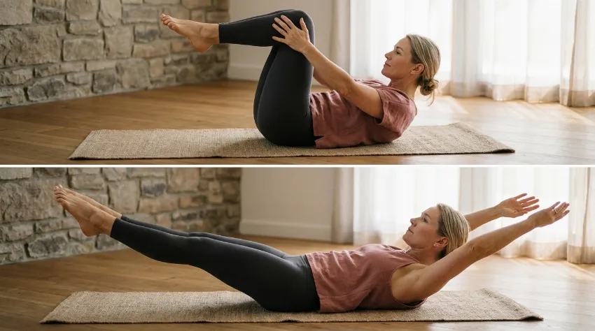 Prikaz dveh faz pilates vaje double leg stretch za stabilizacijo jedra in nadzor nad medenico pri spuščanju nog.