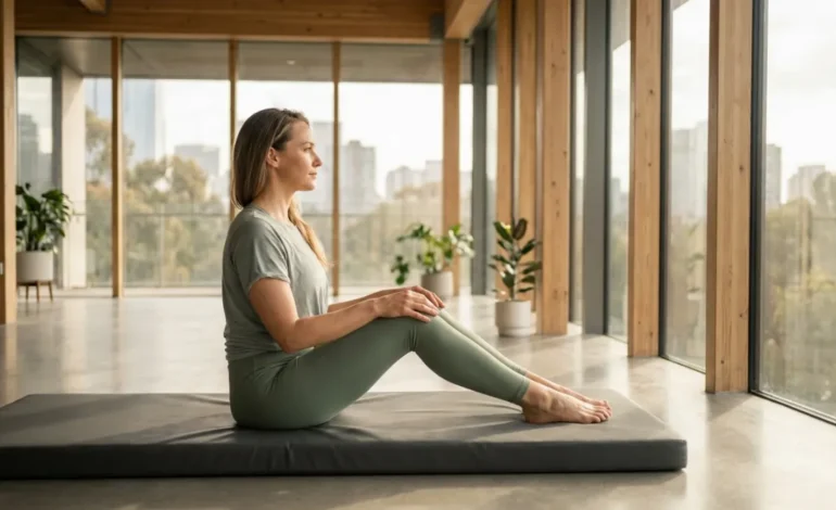 Ženska sedi na blazini za pilates v svetlem studiu s pravilno telesno držo