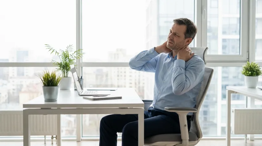 Moški v pisarni z bolečino v rami zaradi dolgotrajnega sedenja