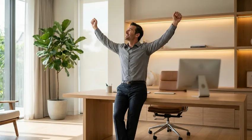 Moški se preteguje v domači pisarni zaradi utrujenosti od sedenja