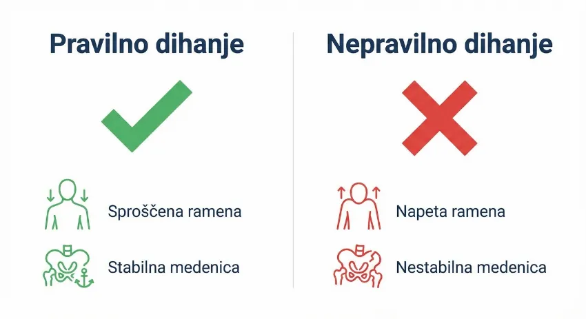 Tabela pravilne tehnike pilatesa: dihanje, ramena in medenica